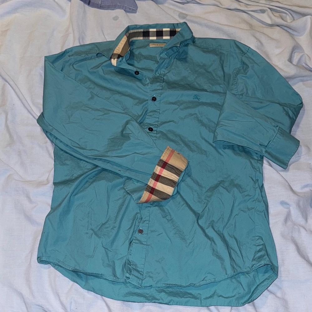 Burberry Brit Blue Button-Up Shirt with Plaid Accents